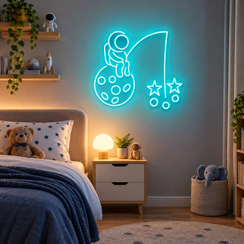 Astronaut Fishing Stars on Moon Neon Sign