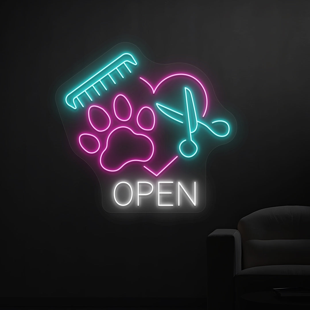Paws Open Pet Shop Neon Sign