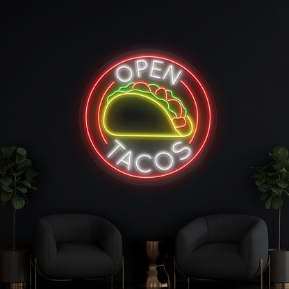 open tacos neon sign