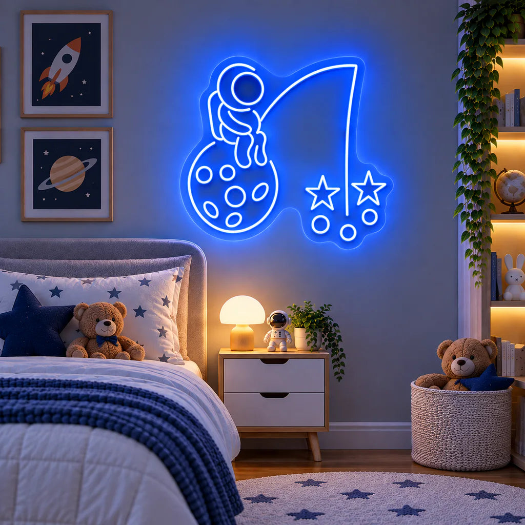 Astronaut Fishing Stars on Moon Neon Sign