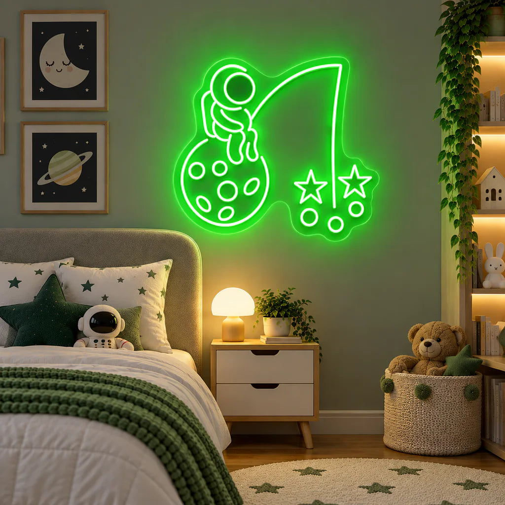 Astronaut Fishing Stars on Moon Neon Sign