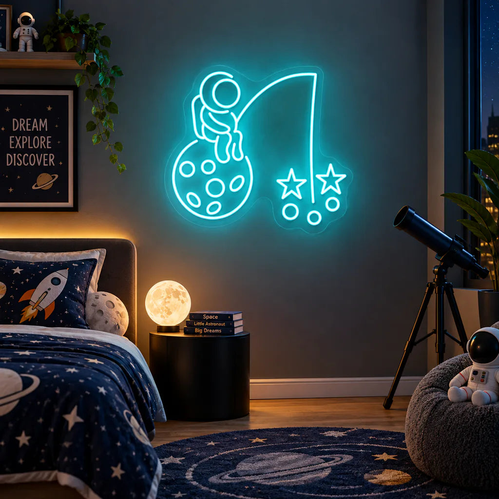 Astronaut Fishing Stars on Moon Neon Sign