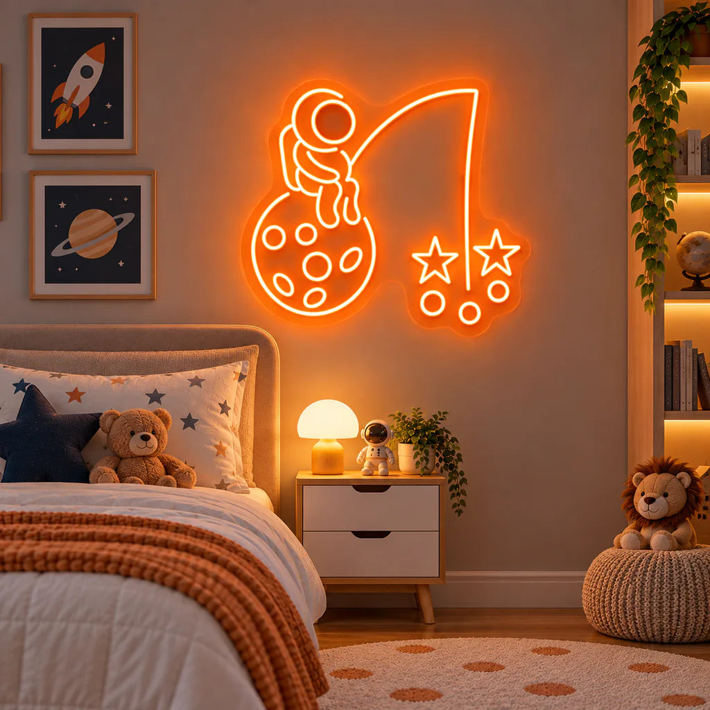 Astronaut Fishing Stars on Moon Neon Sign