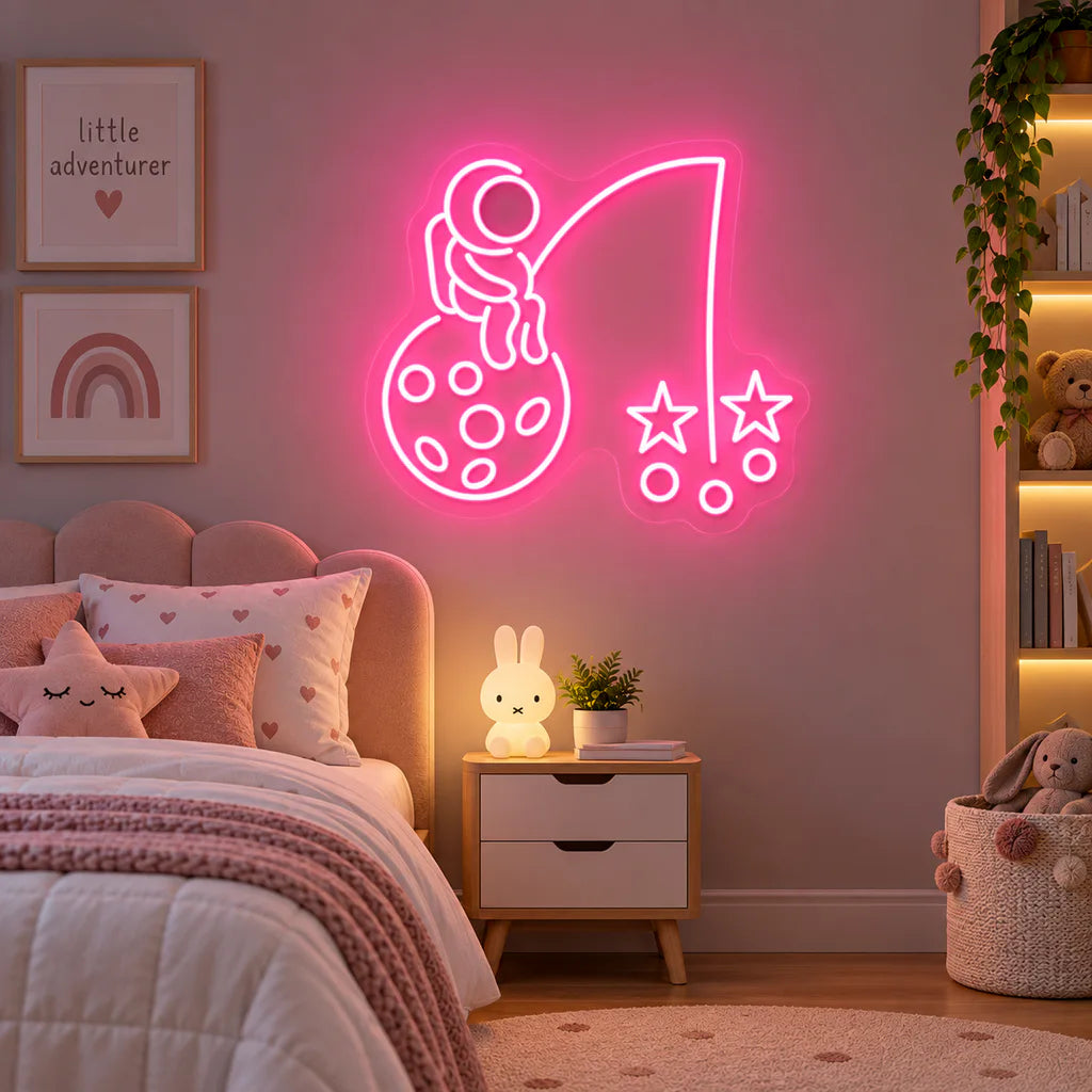 Astronaut Fishing Stars on Moon Neon Sign