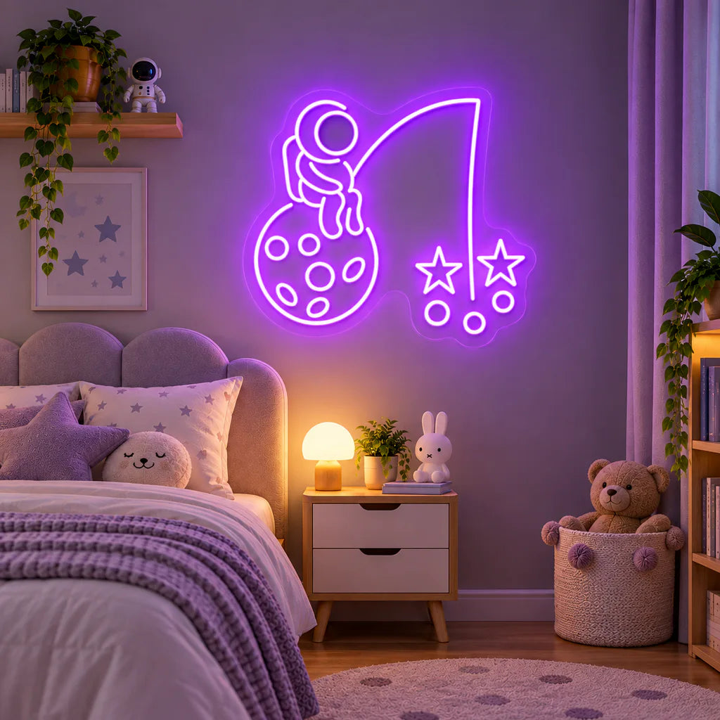 Astronaut Fishing Stars on Moon Neon Sign