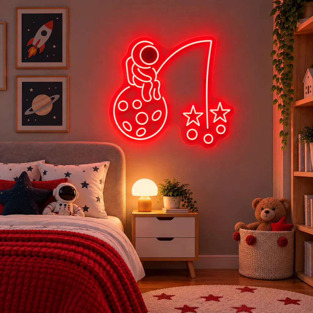 Astronaut Fishing Stars on Moon Neon Sign