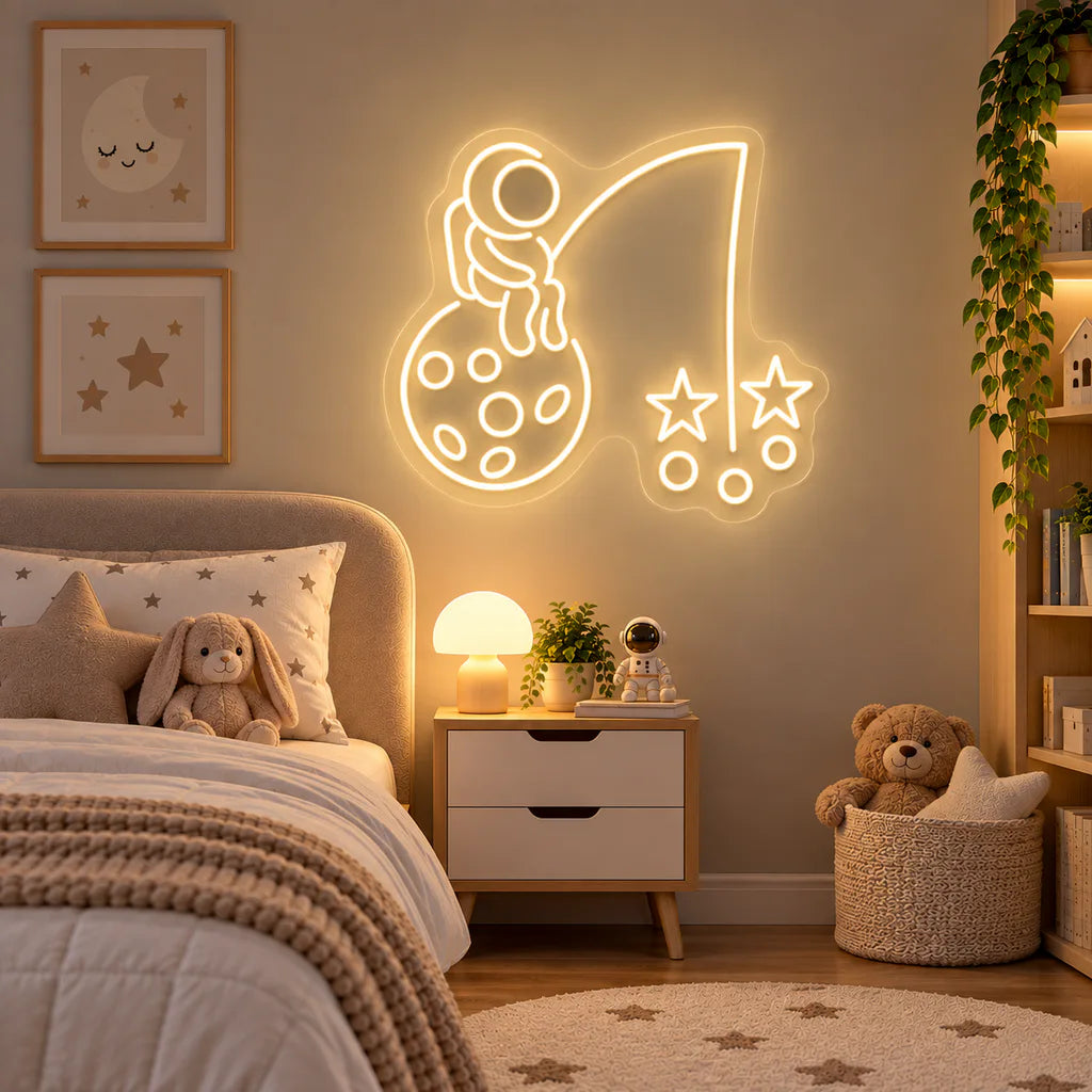 Astronaut Fishing Stars on Moon Neon Sign