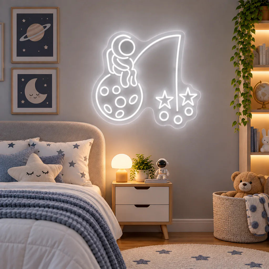 Astronaut Fishing Stars on Moon Neon Sign
