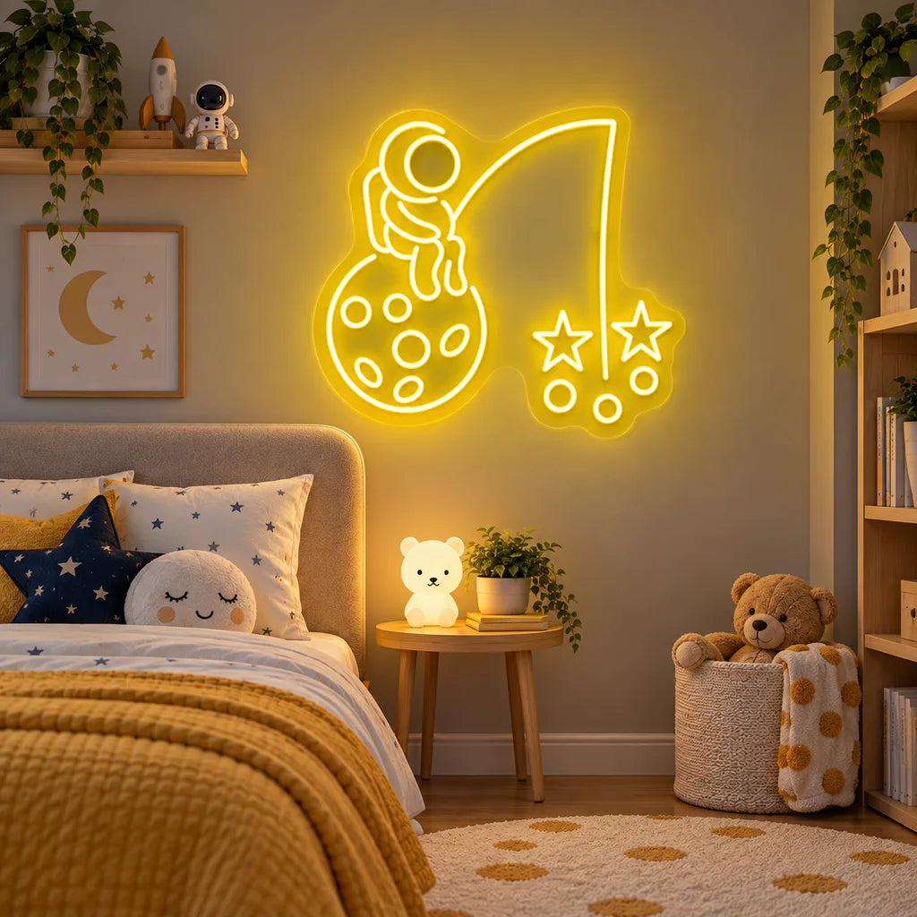 Astronaut Fishing Stars on Moon Neon Sign